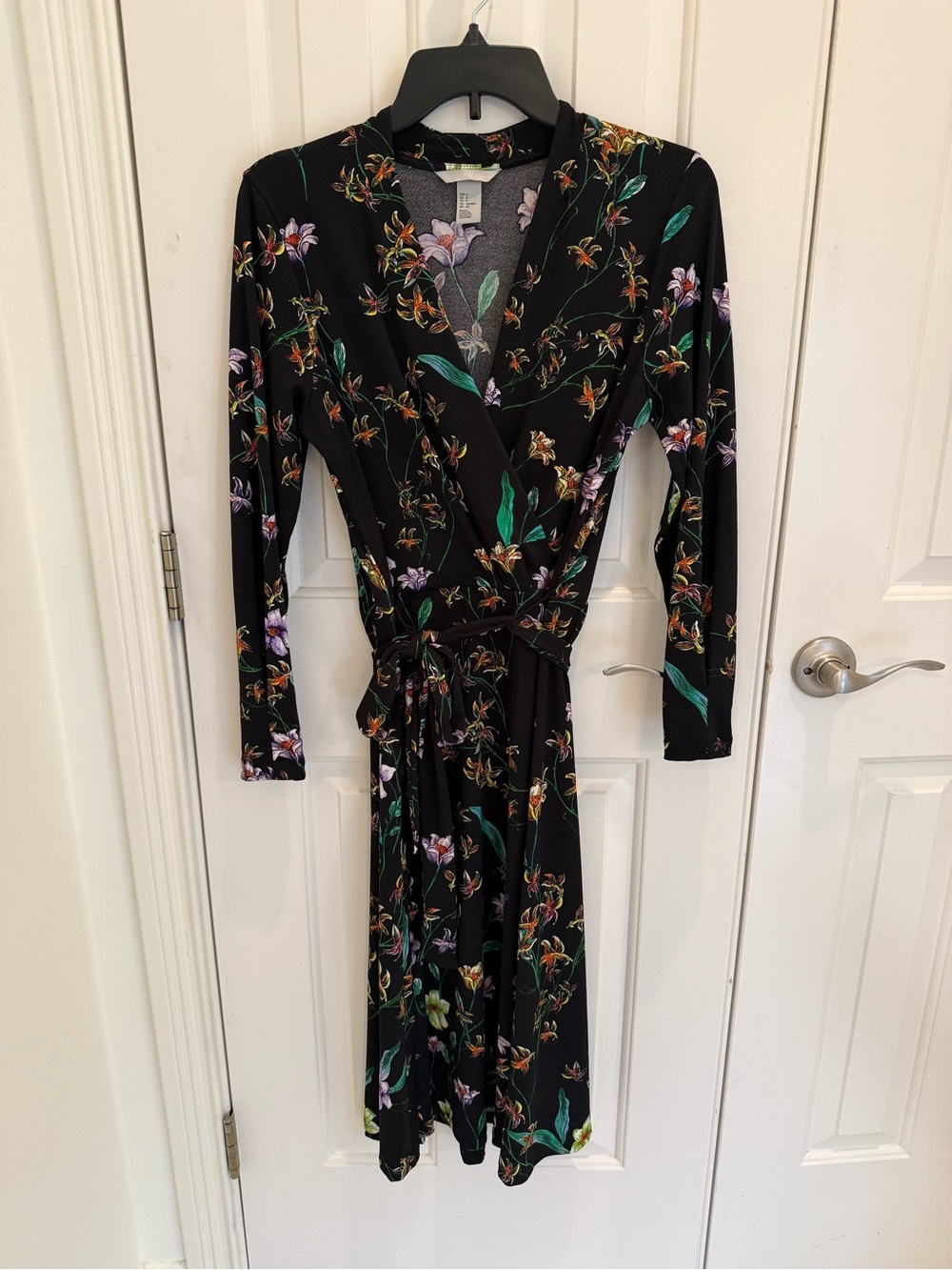 H&M Black Floral Wrap Dress with Green and Purple Accents